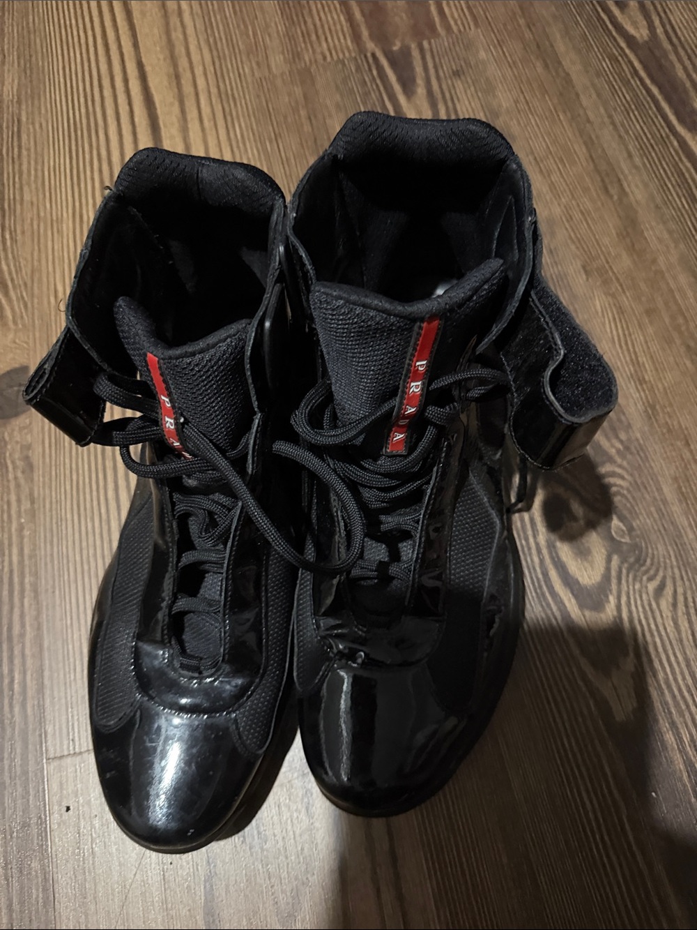 Prada Black Patent & Mesh Sneakers with Red Logo Stripe men sz 10